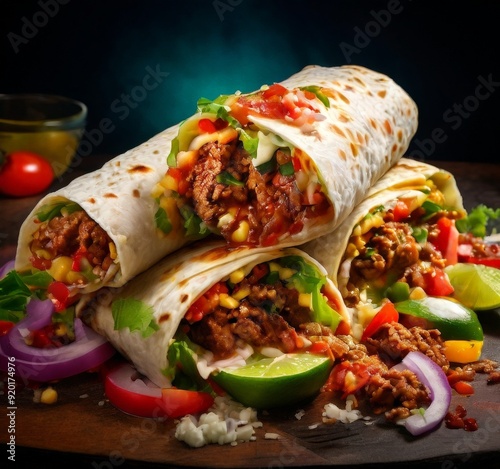 burritoa filled with meat, vegetables and sauce