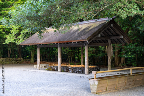 Facade  of Shinto water ablution pavilion (Chozuya) at Ise Jingu Shrine. photo