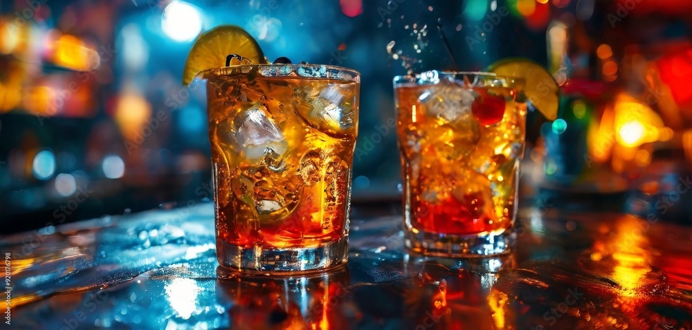 two glasses alcohol on bar counter