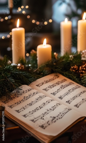 Christmas Eve Serenity: A Beautiful Sheet Music with Mistletoe and Lit Candles on a Church Table Before the Carol Service Begins