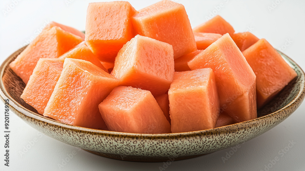 cubes of papaya in a plate on a clean white background cubes of papaya in a plate on a clean white background