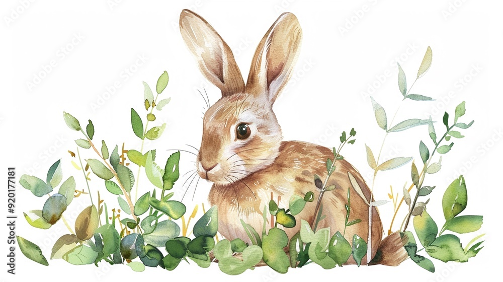 Rabbit hopping through the undergrowth,Clipart, watercolor illustration, Perfect for nursery art The style is hand drawn, white background Rabbit hopping through the undergrowth,Clipart, watercolor illustration, Perfect for nursery art The style is hand drawn, white background