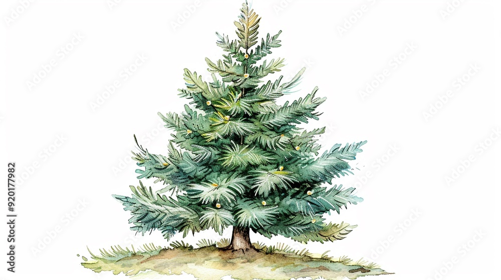 Fototapeta premium Fir tree adorned with Christmas lights,Clipart, watercolor illustration, Perfect for nursery art The style is hand drawn, white background