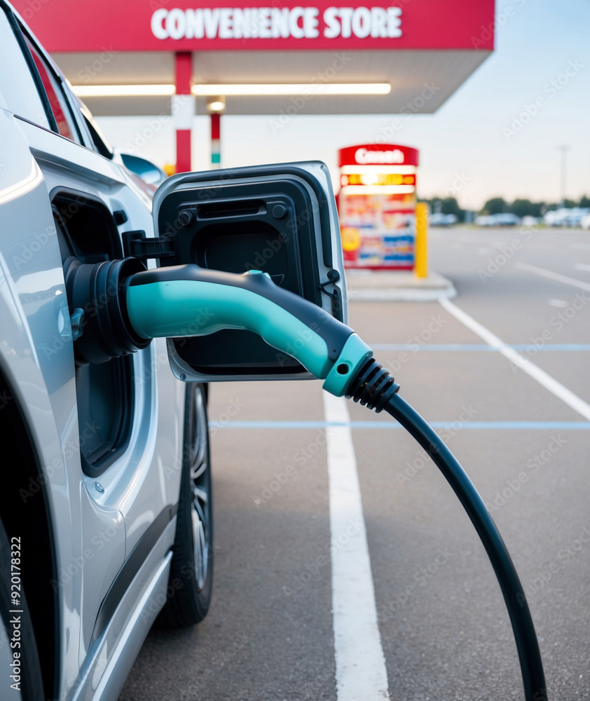 Close-Up of Electric Car Charging at Spacious Parking Lot with Convenience Store Close-Up of Electric Car Charging at Spacious Parking Lot with Convenience Store