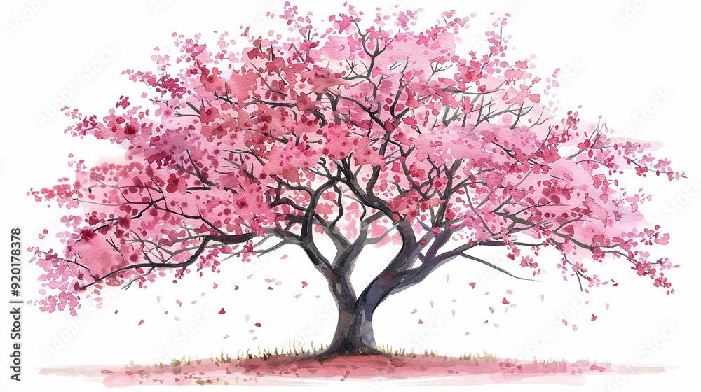 Flowering cherry tree in bloom,Clipart, watercolor illustration, Perfect for nursery art The style is hand drawn, white background Flowering cherry tree in bloom,Clipart, watercolor illustration, Perfect for nursery art The style is hand drawn, white background