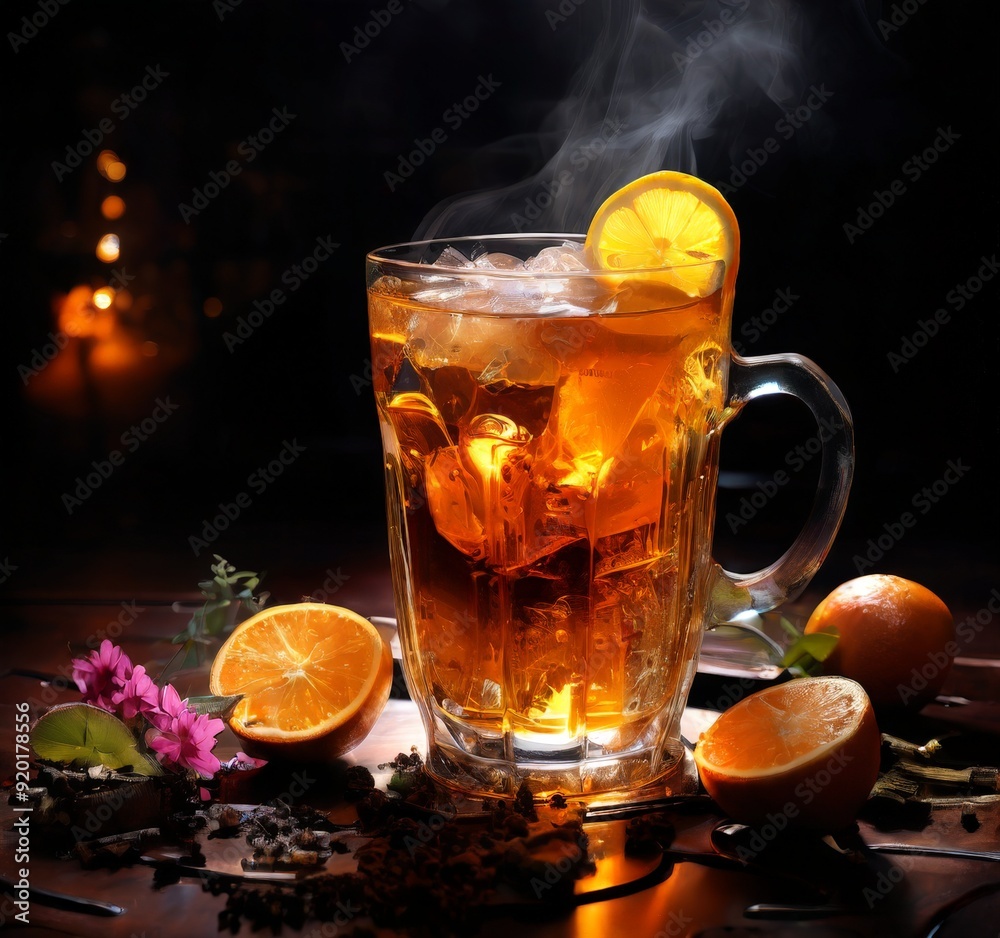 glass tea with lemon slice and flower glass tea with lemon slice and flower