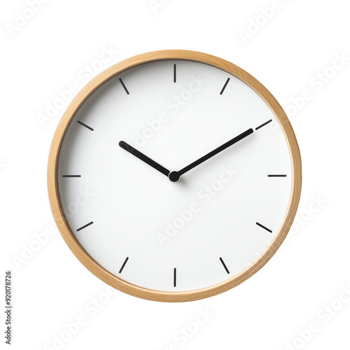 Timeless Elegance: A minimalist wooden clock with stark black hands on a white face, transparent background, white background