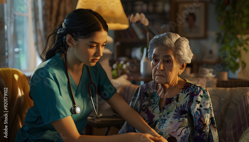 A young nurse comforting an elderly woman in a living room setting.