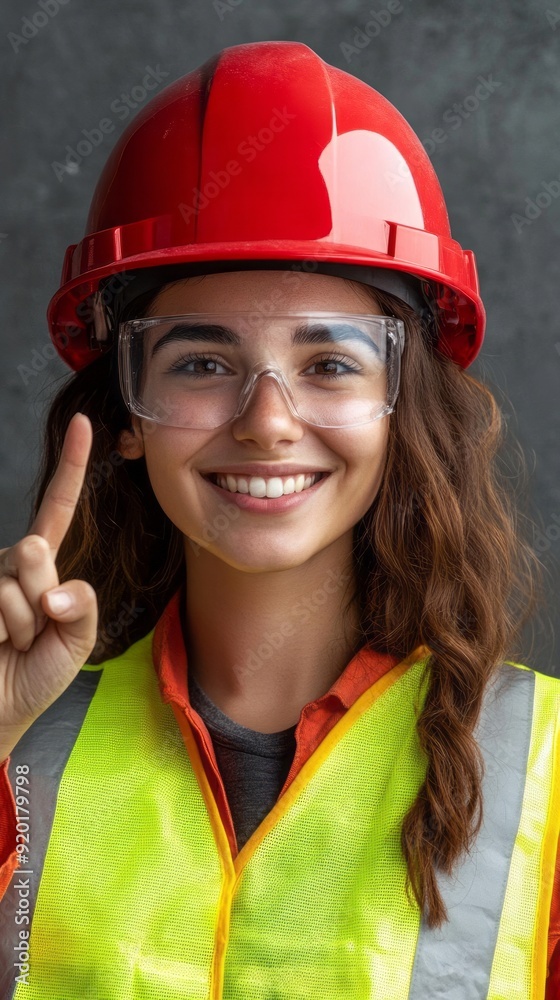 young woman in construction uniform and red safety helmet smiling and pointing with finger young woman in construction uniform and red safety helmet smiling and pointing with finger