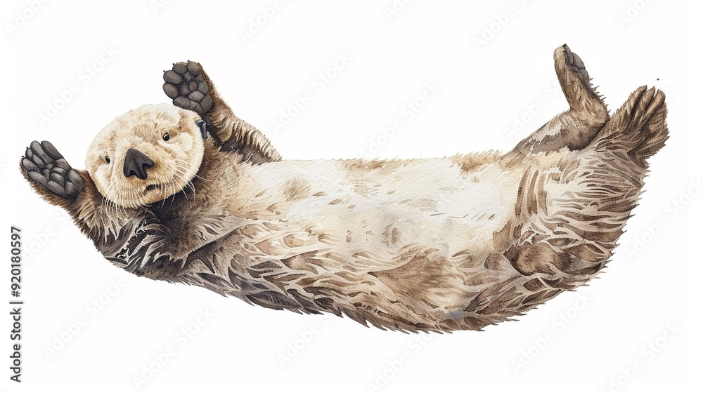 Sea otter floating on its back,Clipart, watercolor illustration, Perfect for nursery art The style is hand  drawn, white background