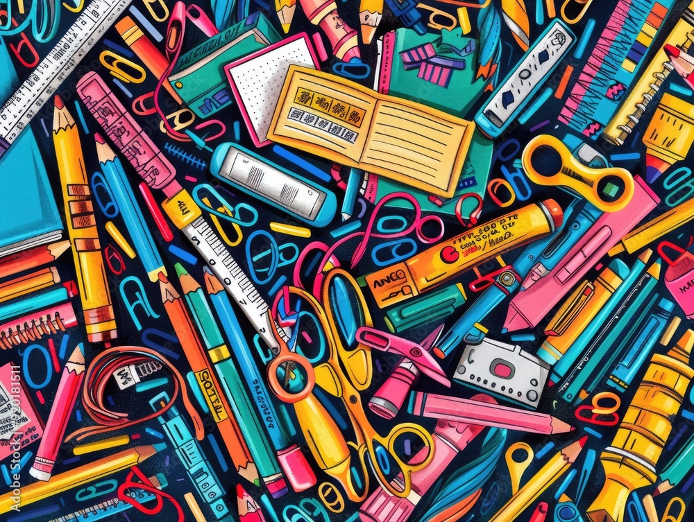 Colorful and chaotic pattern of various school supplies, including pencils, scissors, rulers, and paper clips. Colorful and chaotic pattern of various school supplies, including pencils, scissors, rulers, and paper clips.