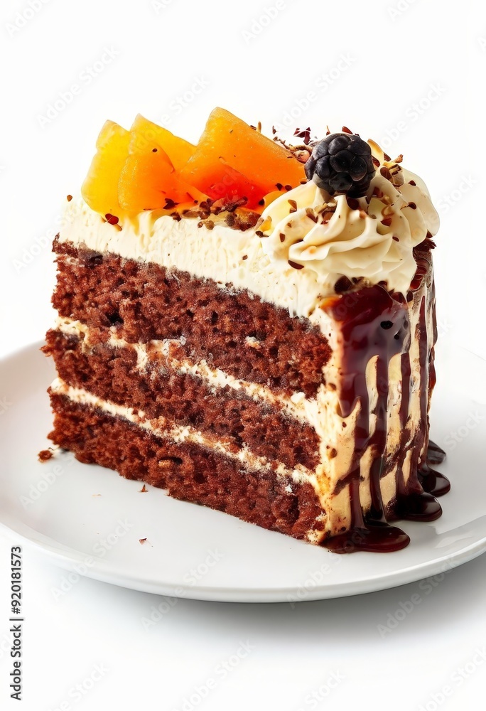 piece cake with chocolate and oranges on top piece cake with chocolate and oranges on top