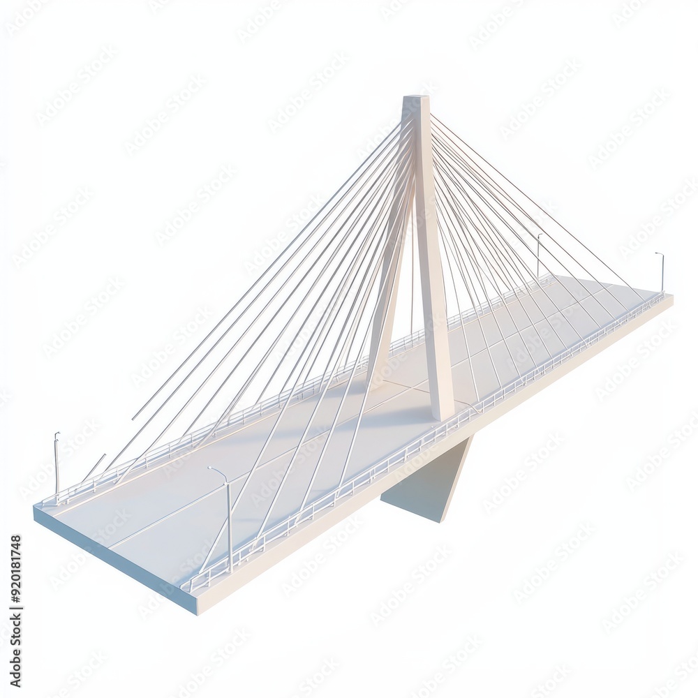 Fototapeta premium 3D Render of a modern suspension bridge with sleek cables and a central tower. Miniature, on isolated white background