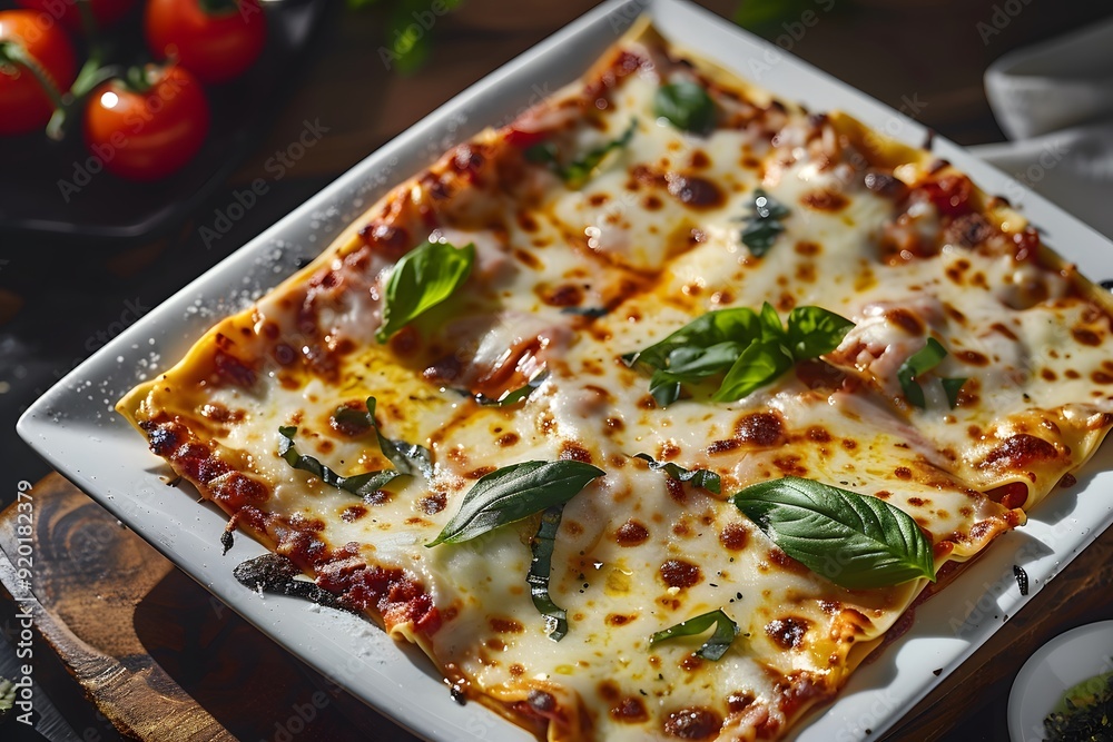 Delicious baked lasagna topped with fresh basil on a rustic wooden table. Delicious baked lasagna topped with fresh basil on a rustic wooden table.