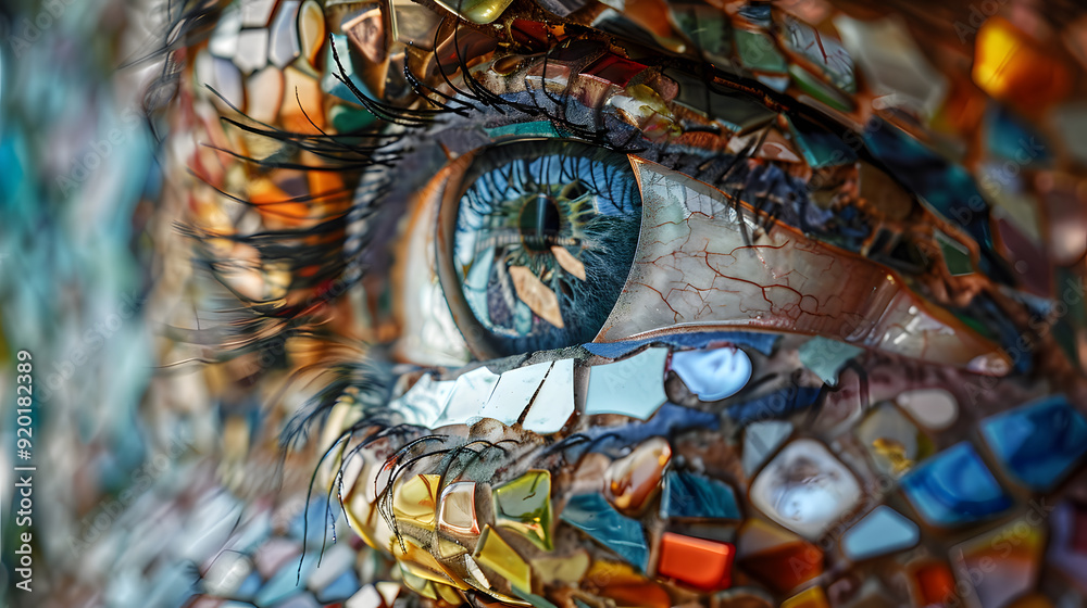 A mosaic eye with a blue iris and yellow iris A mosaic eye with a blue iris and yellow iris