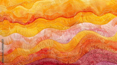 Warm hues of oranges yellows and pinks blend together in this design resembling the warm glow of a summer sunset and the fluidity of the waves crashing against the shore.