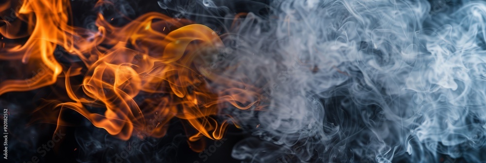 Fototapeta premium This artwork creatively shows vibrant flames and delicate smoke effects on a dark background, enhancing its appeal