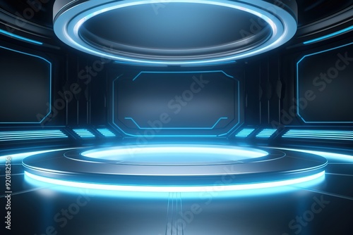 Futuristic circular platform with blue neon lights in a dark room.
