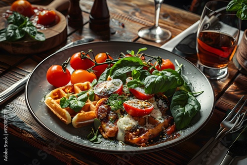 Delicious breakfast plate with waffles, bacon, and fresh cherry tomatoes.