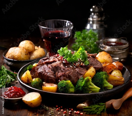 plate food with meat, brocco, brocco, and brocco