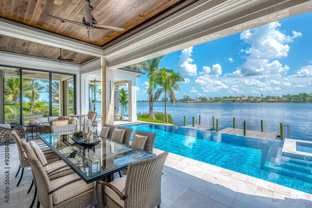 Fototapeta premium Elegant dining area on covered porch with glass table and beige cushioned chairs, white walls, wooden ceiling, large windows with water view, palm trees, cloudy sky, pool with clear blue waters
