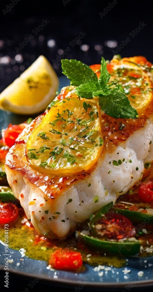 Fototapeta premium plate fish with tomatoes and herbs