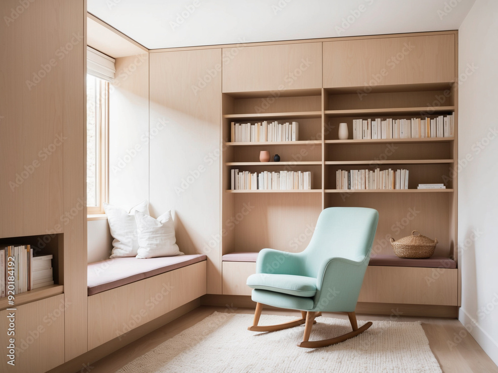 A Scandinavian reading nook with a pastel-colored chair, light wood bookshelf, and minimalistic decor. A Scandinavian reading nook with a pastel-colored chair, light wood bookshelf, and minimalistic decor.