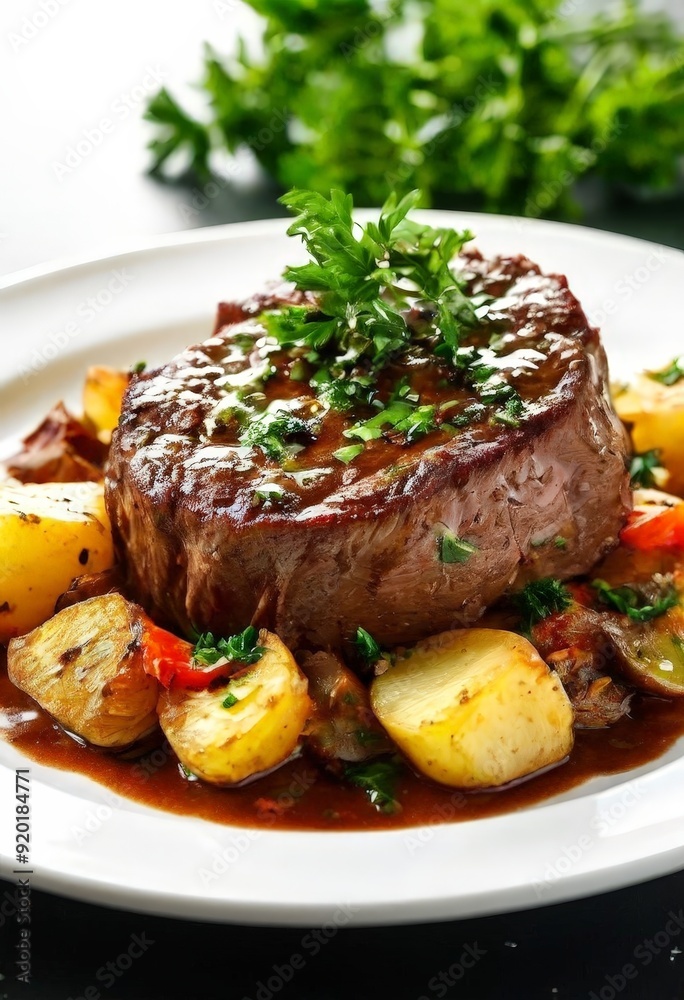 white plate topped with steak steak and potatoes white plate topped with steak steak and potatoes