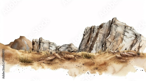 Mountainous terrain with rugged cliffs,Clipart, watercolor illustration, Perfect for nursery art The style is hand drawn, white background