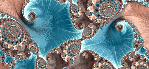 Abstract fractal art background banner. Spirals resembling blue water pools in rocky landscape, aerial view.