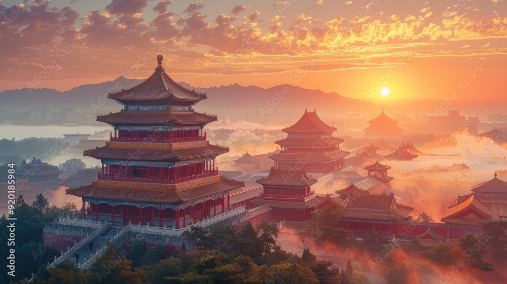 Golden Temple at Sunrise in a Misty Landscape Golden Temple at Sunrise in a Misty Landscape