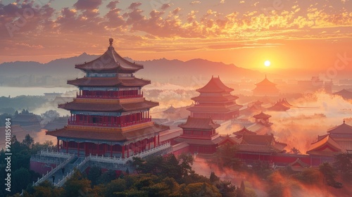 Golden Temple at Sunrise in a Misty Landscape