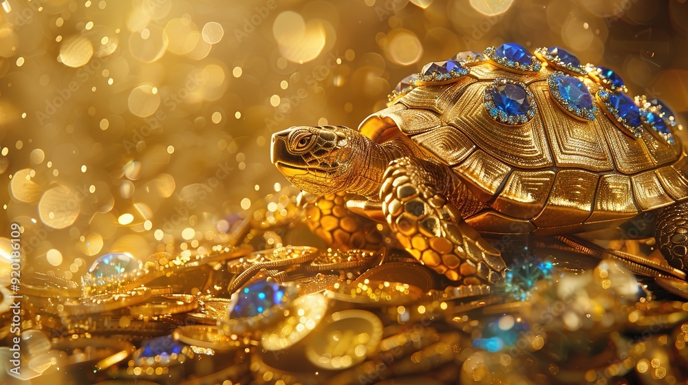 Golden Turtle on Treasure Trove: Luxurious Gem-Encrusted Shell, Rich Gold Coins, and Colorful Gemstones Reflecting Prosperity and Wealth in High-Grade Metal Art Golden Turtle on Treasure Trove: Luxurious Gem-Encrusted Shell, Rich Gold Coins, and Colorful Gemstones Reflecting Prosperity and Wealth in High-Grade Metal Art