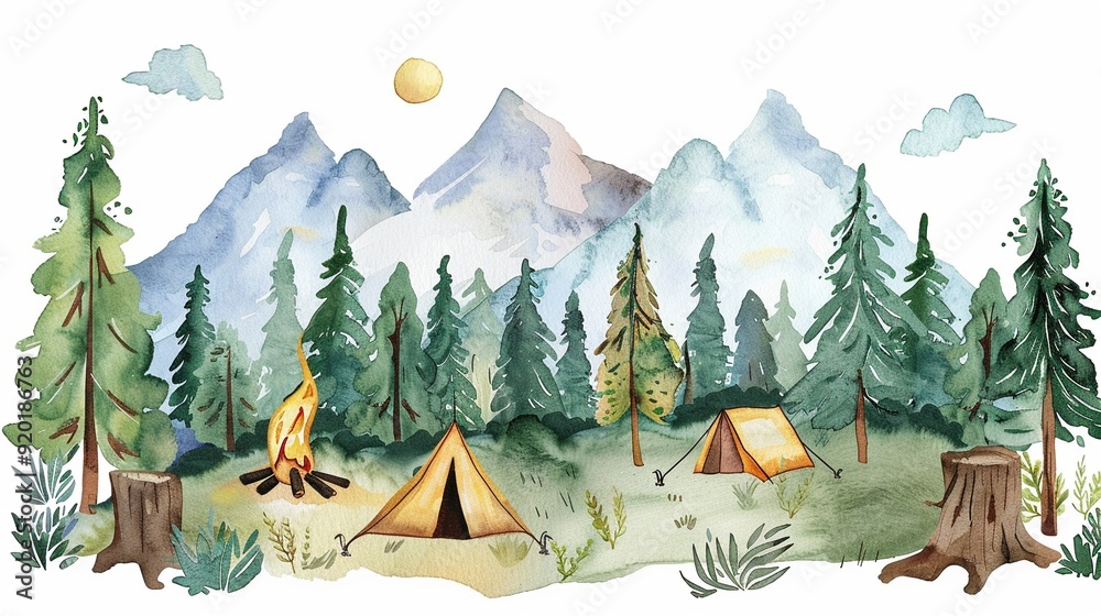 Fototapeta premium Camping in the wilderness,Clipart, watercolor illustration, Perfect for nursery art The style is hand drawn, white background