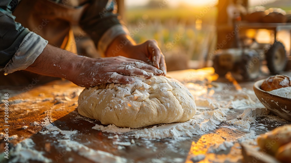 Shaping bread dough in a rustic outdoor setting Shaping bread dough in a rustic outdoor setting