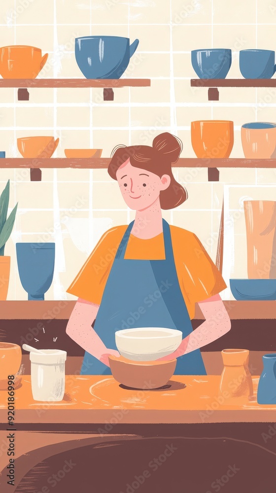 A cheerful woman preparing ingredients in a cozy kitchen with colorful pottery on shelves, perfect for cooking and baking concepts.