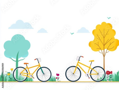 Electric bikes parked beside community gardens, nature and transport, flat design illustration