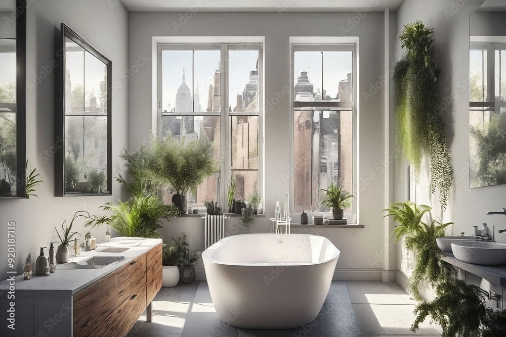 Cityscape Bathroom with Plants Cityscape Bathroom with Plants