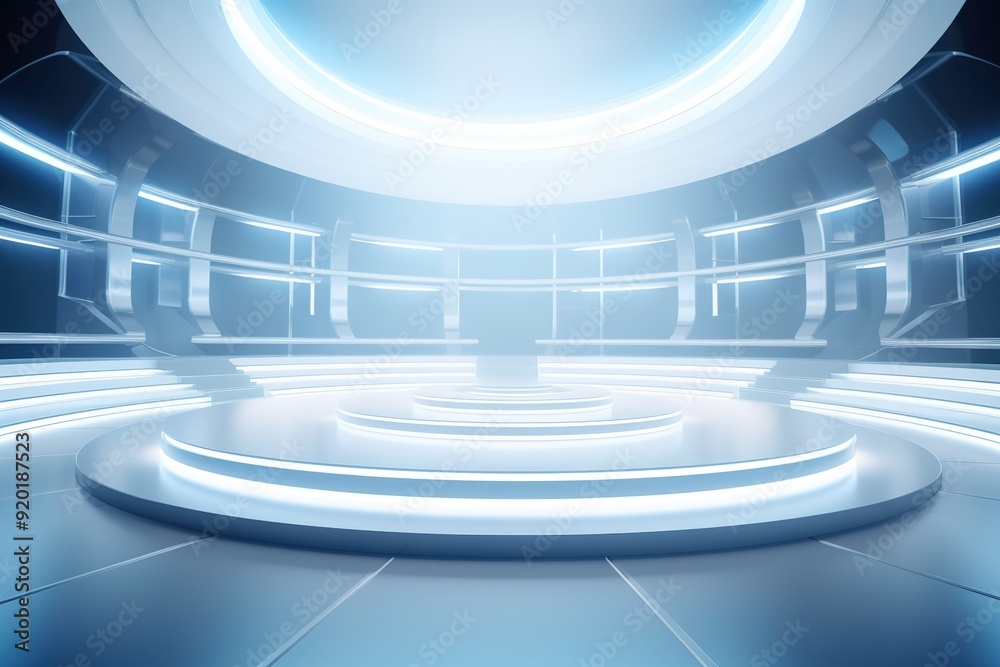 Futuristic circular platform with glowing lights in a sci-fi room. Futuristic circular platform with glowing lights in a sci-fi room.