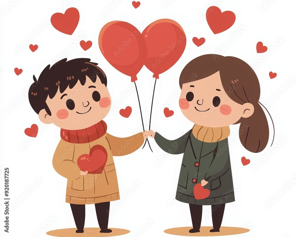 A cute cartoon couple celebrating love with heart balloons and symbols, perfect for Valentine's Day designs. A cute cartoon couple celebrating love with heart balloons and symbols, perfect for Valentine's Day designs.