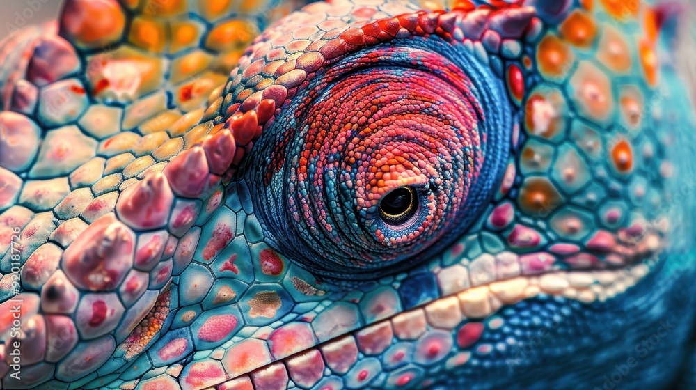 Obraz premium The chameleon displays stunning colors and intricate patterns while basking under sunlight