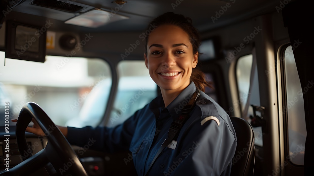Smiling female bus driver in uniform behind steering wheel Smiling female bus driver in uniform behind steering wheel