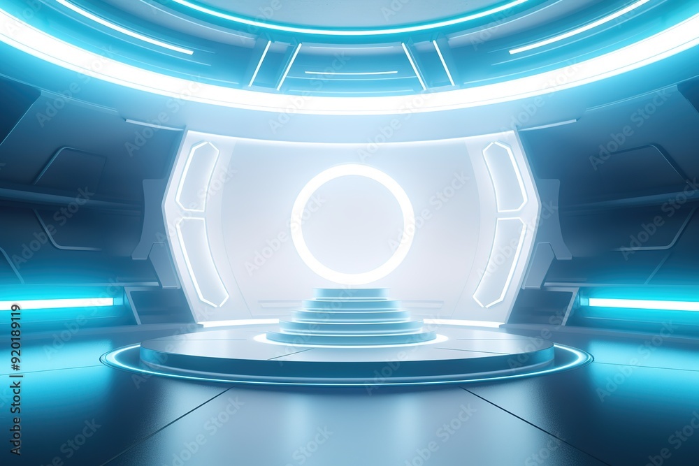 Futuristic blue neon lit platform. Futuristic blue neon lit platform.