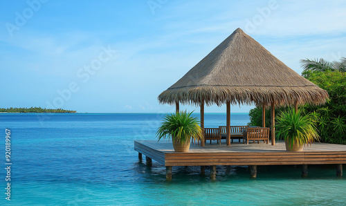 A thatched roof gazebo with wooden dock, set up for dining on the water in Maldives, shot from a distance photo