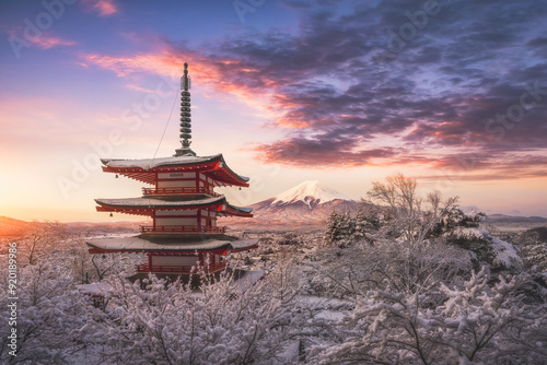 Fujiyoshida, Japan Beautiful view of mountain Fuji and Chureito pagoda at sunrise of Mount Fuji during winter.This is one of the famous spot to take pictures of Mount Fuji.
