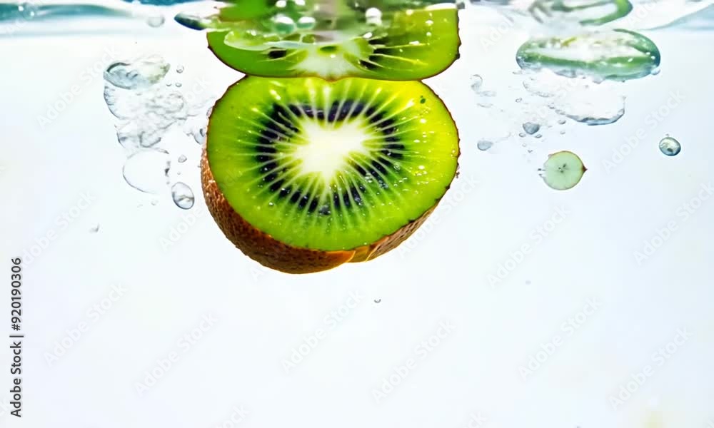 Kiwi Slices Under Water: A vibrant kiwi fruit, sliced in half, submerged in crystal-clear water, creates a refreshing and captivating image. The bubbles rising around the fruit add a touch of dynamism