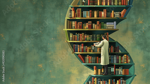 Scientist studying in a library with a DNA strand in the background