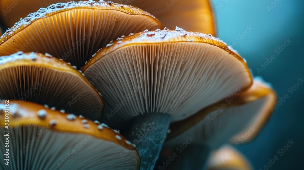 Close-up of orange mushrooms with dew drops. Close-up of orange mushrooms with dew drops.