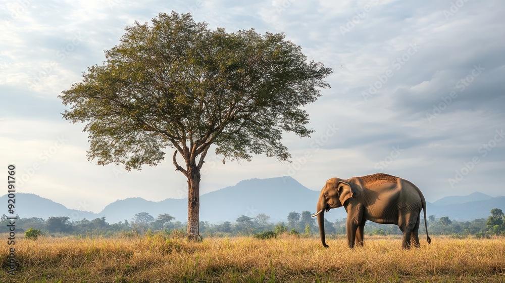 Solitary elephant standing in tall grass near a tree mountains in the background. Solitary elephant standing in tall grass near a tree mountains in the background.