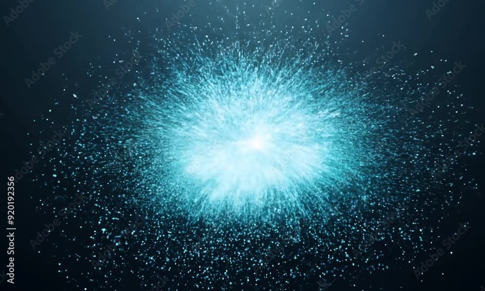 Azure Energy Burst: A vibrant teal explosion of particles against a dark, ethereal background. Ideal for representing concepts like energy, technology, and the cosmos. 
